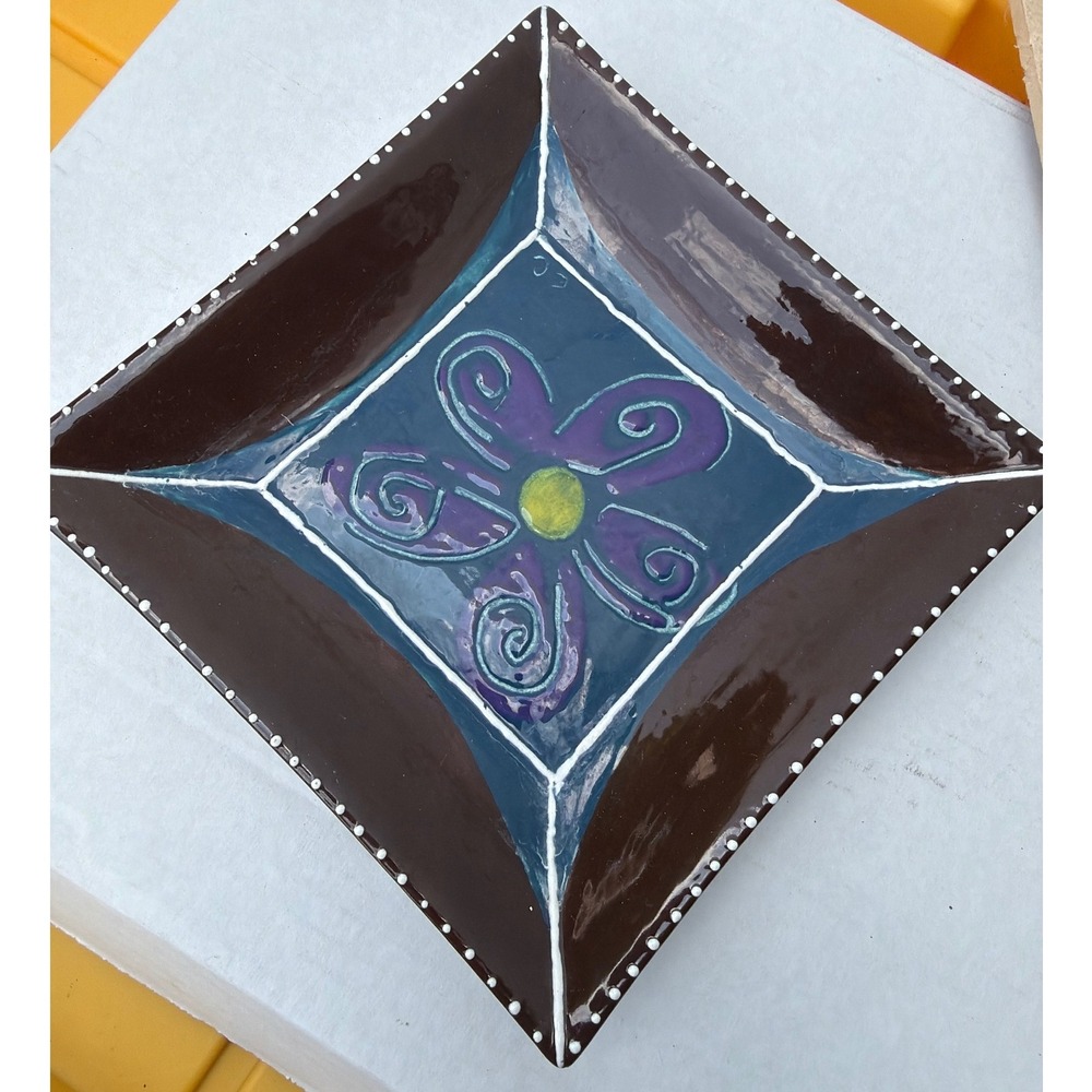 Handmade Ceramic Square Plate Floral Folk Art Brown Teal Purple Glossy 7.75in
